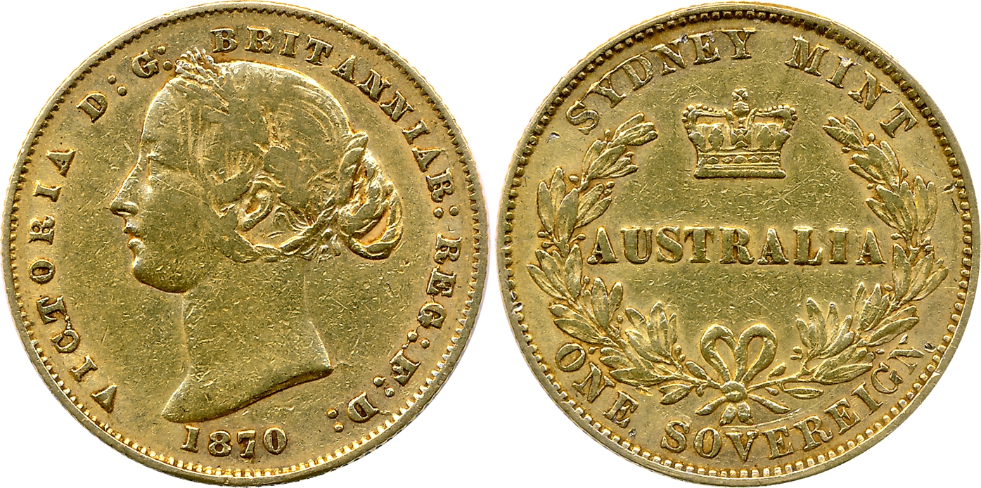 Australia, Victoria, Gold Sovereign, 7.95g, Sydney Mint, 1870, Obv: Bust to left, Rev: Cro