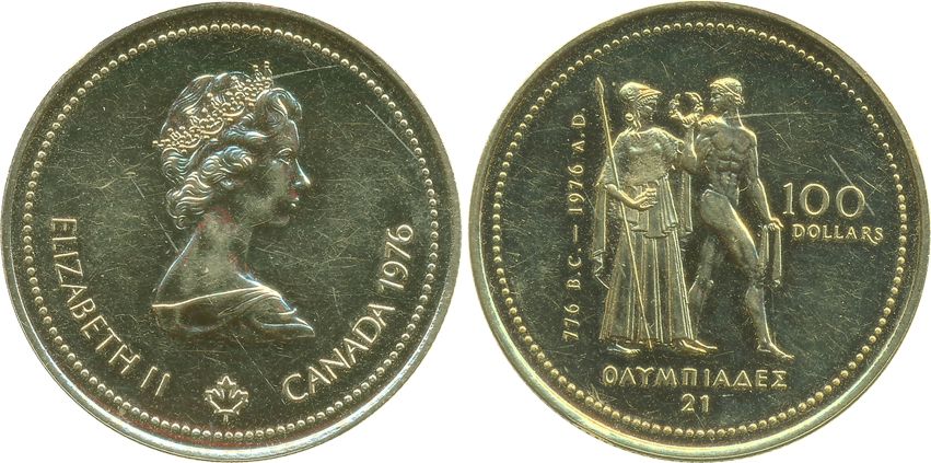 Canada, Elizabeth II, Gold (0.583- 14 Carat)100 Dollars, 13.31g, Proof, 1976, “Montreal Ol