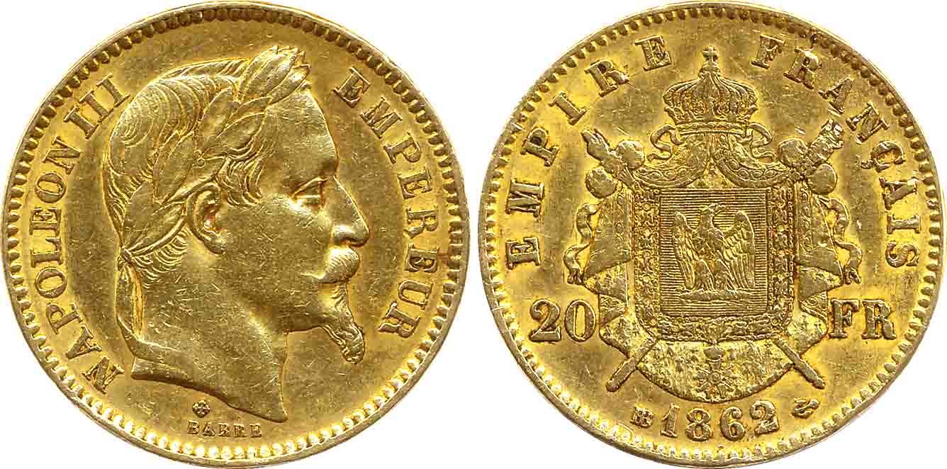 France, Napoleon III, Gold, 20 Francs, 6.41g, Strasbourg Mint, 1862BB, Obv: Laureate head 