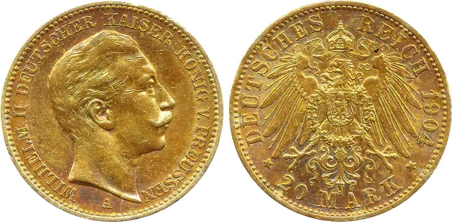 Germany, Prussia, Wihelm II, Gold 20 Mark, 7.95g, 1904A, Berlin Mint, Obv: Bust to right, 