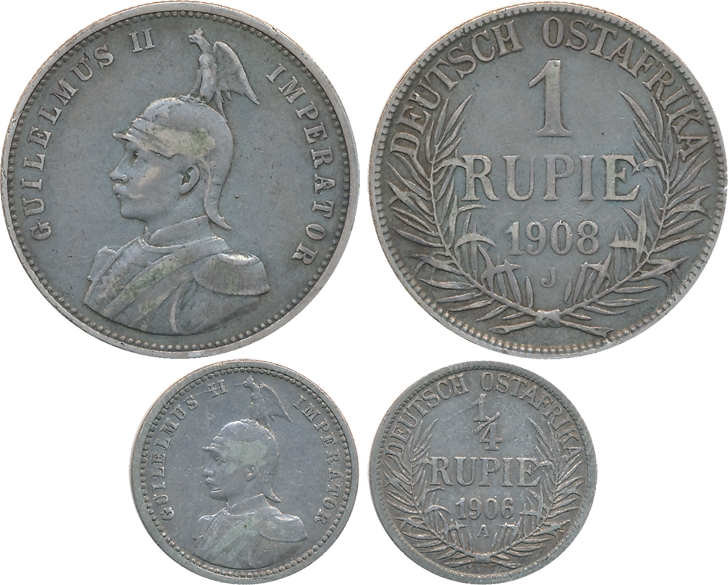 German East Africa, Wihelm II, Silver (2), Rupie, 1908J, Hamburg Mint, & 1/4 Rupie, 1906A,