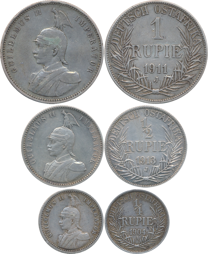 German East Africa, Wihelm II, Silver (3), Rupie, 1911J, Hamburg Mint, 1/2 Rupie, 1913J, H