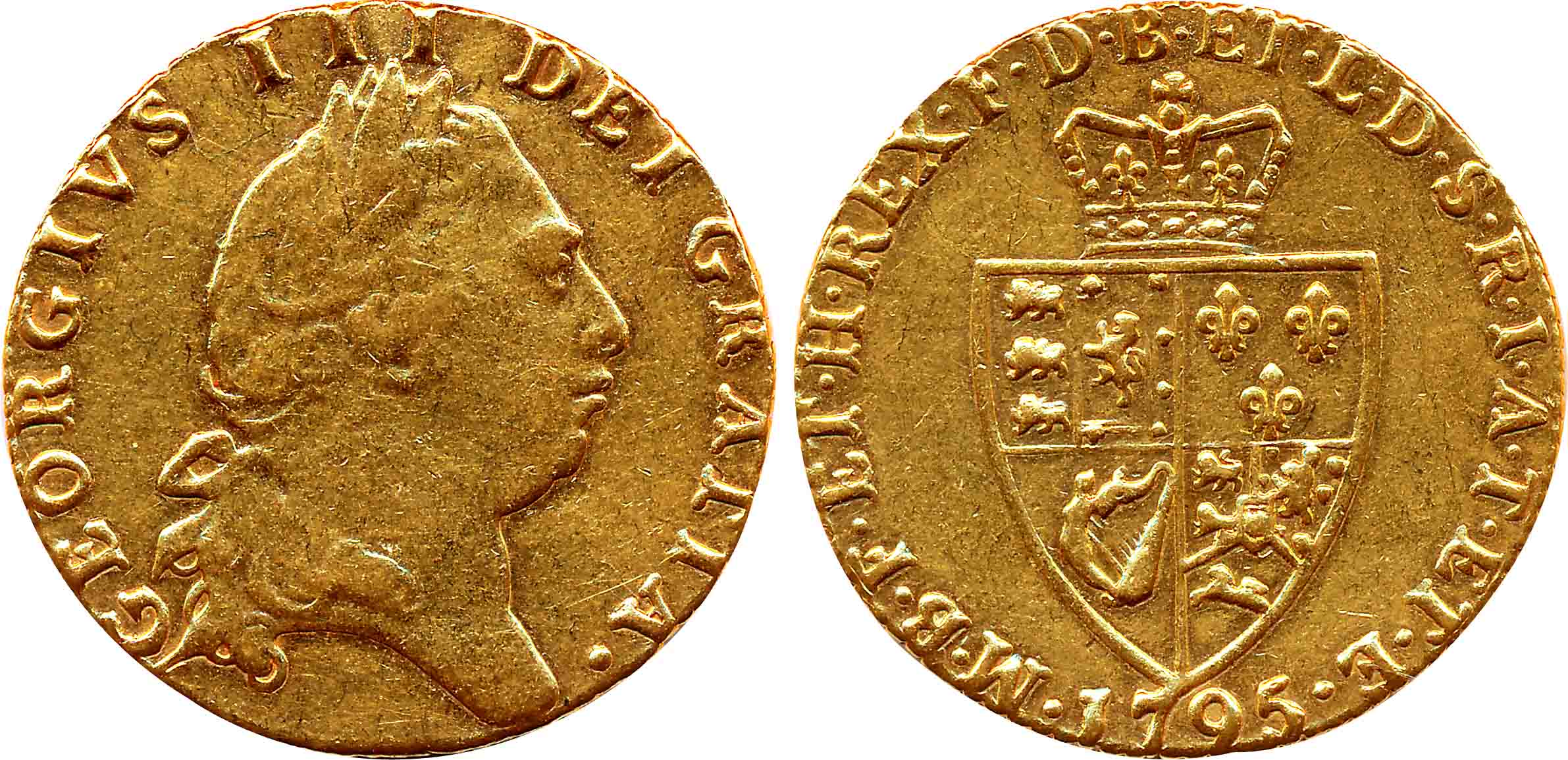 Great Britain, George III, Gold Guinea, 8.32g, 1795, Obv: Laureate head to right, legend a