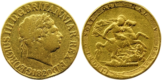Great Britain, George III, Gold Sovereign, 7.76g, 1820, Obv: Laureate Heat to right, Rev: 