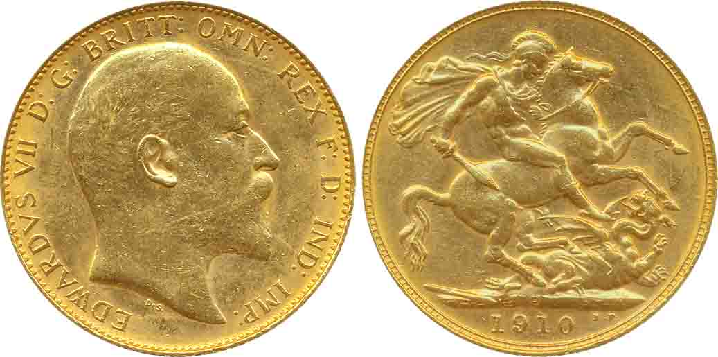 Great Britain, Edward VII, Gold Sovereign, 7.99g, 1910, Obv: Head to right, Rev: Saint Geo