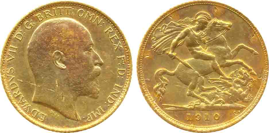 Great Britain, Edward VII, Gold 1/2 Sovereign, 3.99g, 1910, Obv: Head to right, Rev: Saint