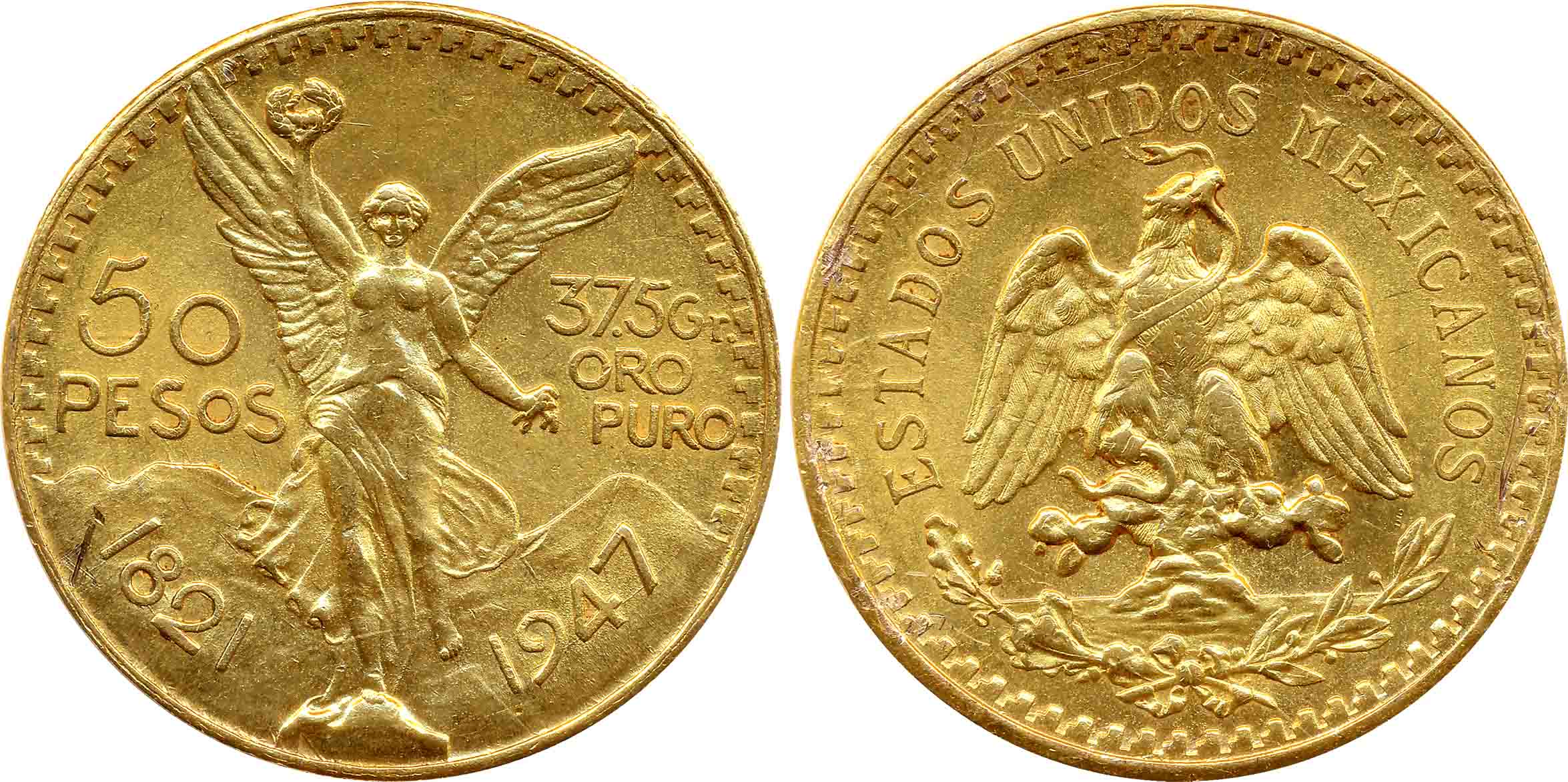 Mexico, Gold 50 Pesos, 40.24g, 1821-1947, “Centennial of Independence”, Obv: National arms