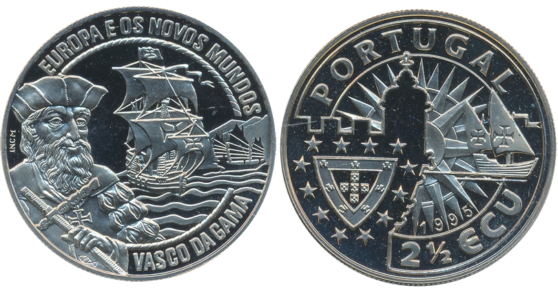 Portugal, Silver, 2 1/2 ECU, Proof, 1995, Obv: Vasco da Gama, ships and legend, Rev: Coat 