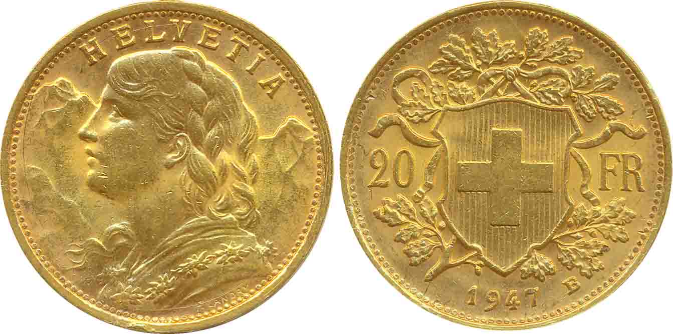 Switzerland, Gold 20 Francs, 6.45g, 1947B, Obv: Young head of Helvetia to left, Rev: Shiel