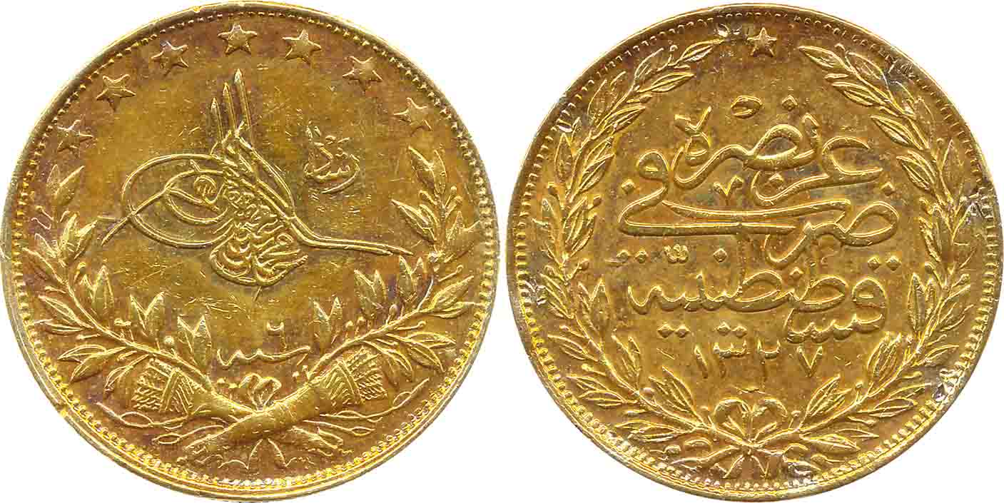 Turkey, Muhammad V, Gold 100 Qurush, 7.22g, AH 1327/ RY 6, Qustantiniyah Mint, Obv: Toughr