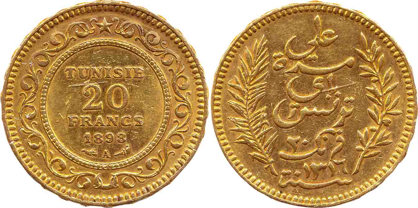 Tunisia, Ali Bey, Gold 20 Francs, 6.44g, 1898A, Obv: Legend flanked by Sprigs, Rev: Value,