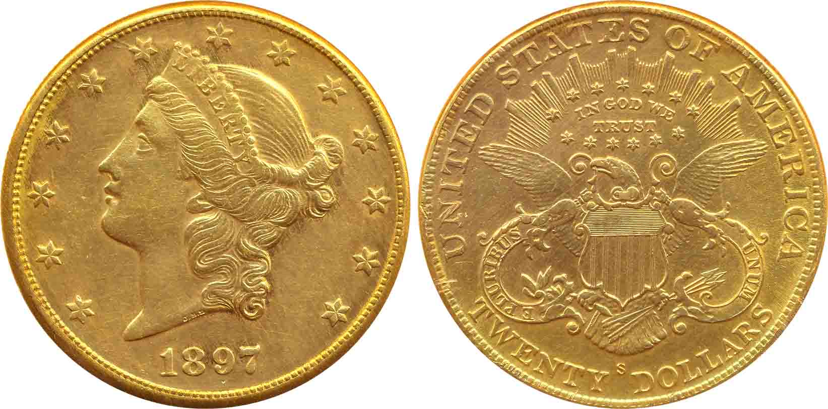 United States, Gold 20 Dollar, 33.44g, 1897, Obv: Coronet Head to left within circle of st