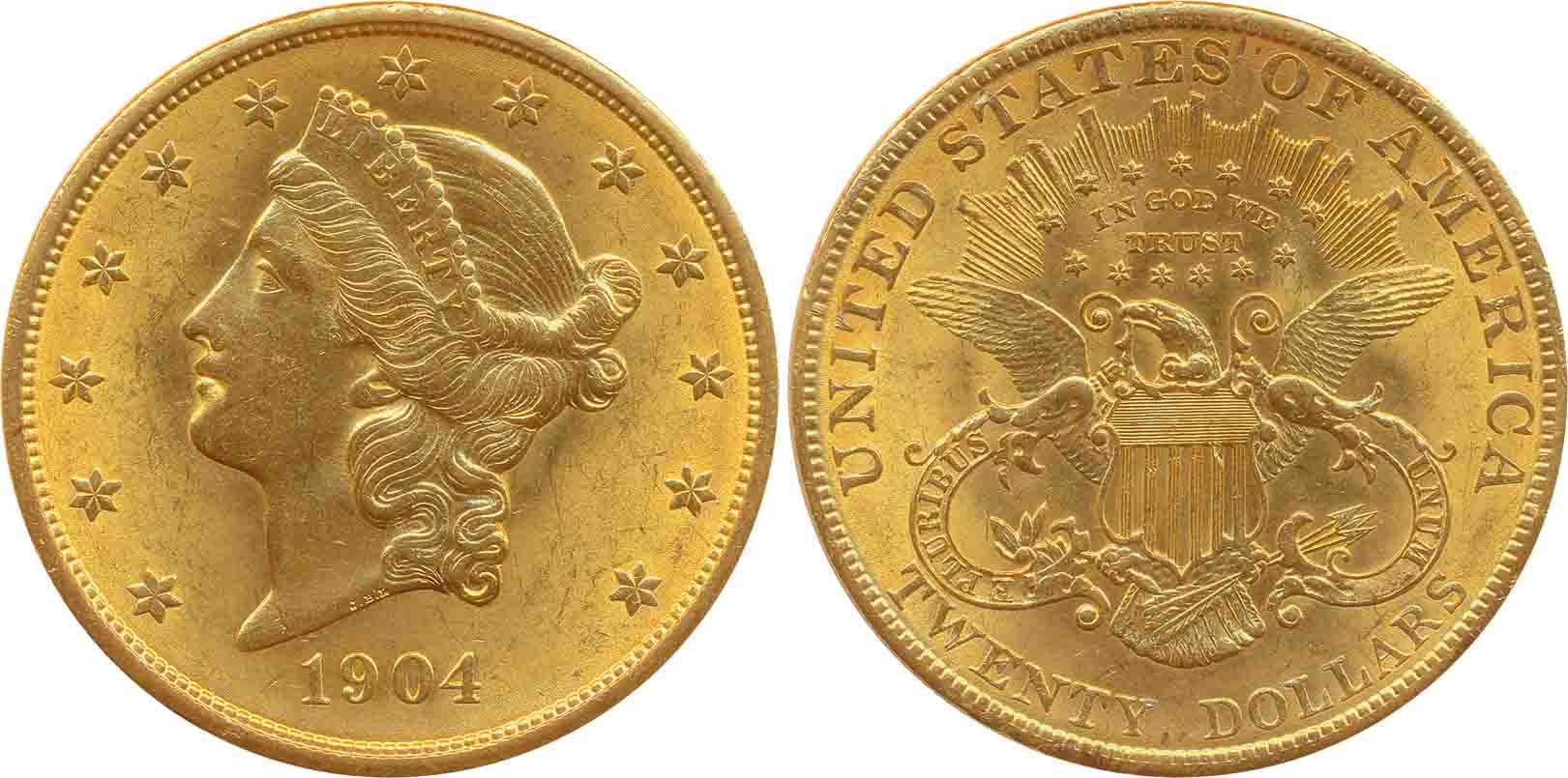 United States, Gold 20 Dollar, 33.44g, 1904, Obv: Coronet Head to left within circle of st
