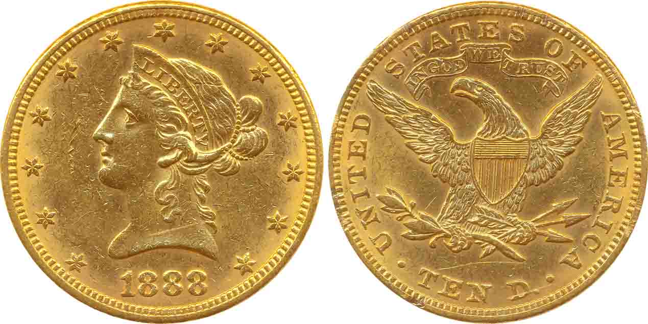 United States, Gold 10 Dollar, 16.71g, 1888, Obv: Coronet Head to left within circle of st