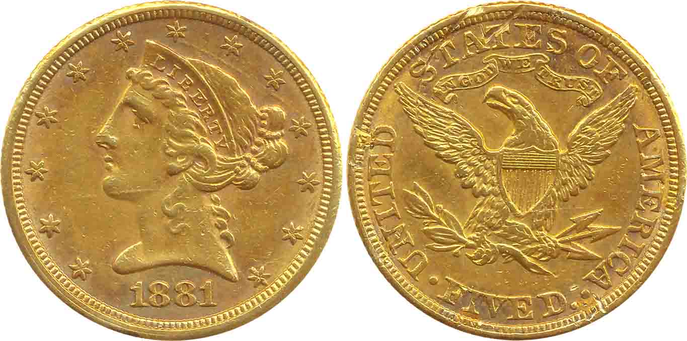 United States, Gold 5 Dollar, 8.34g, 1881, Obv: Coronet head to left within circle of Star