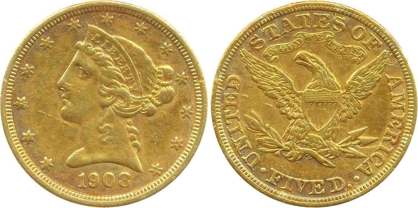 United States, Gold 5 Dollar, 8.33g, 1908, Obv: Coronet head to left within circle of Star