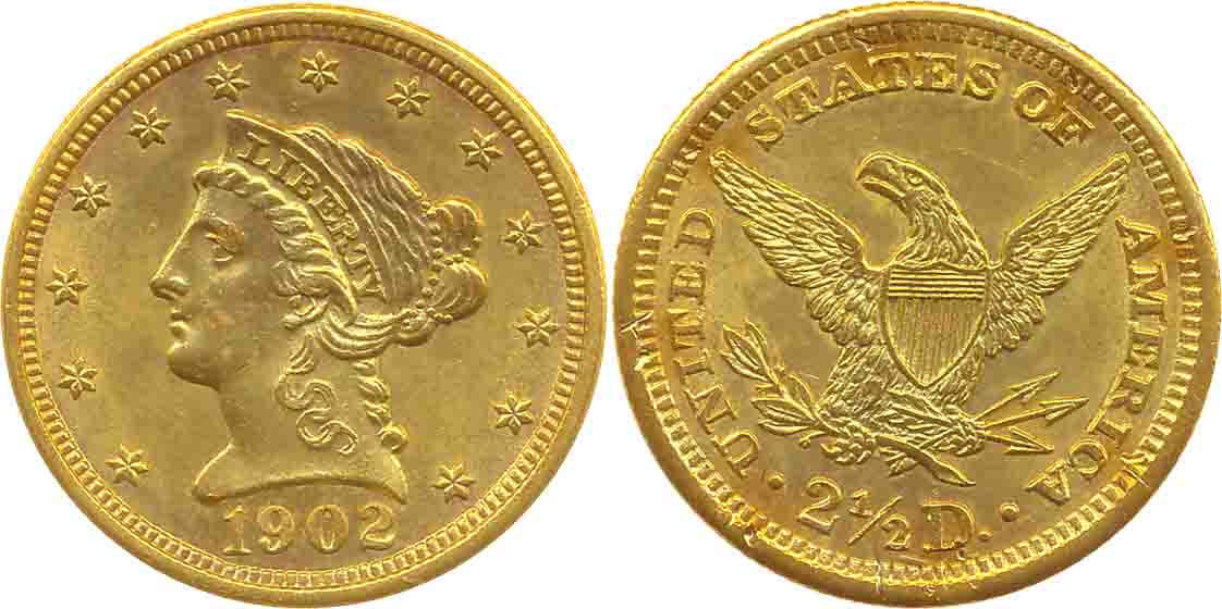 United States, Gold 2 ½ Dollar, 4.17g, 1902, Obv: Coronet head to left within circle of St