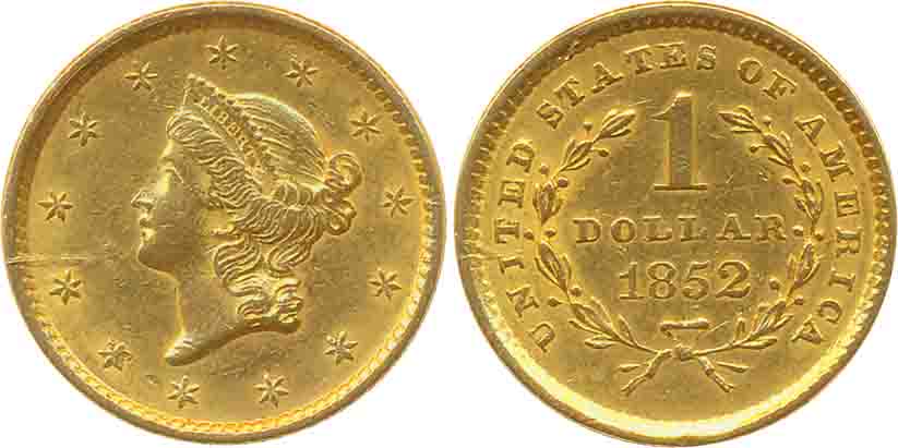 United States, Gold 1 Dollar, 1.67g, 1852, Obv: Liberty head to left within circle of Star