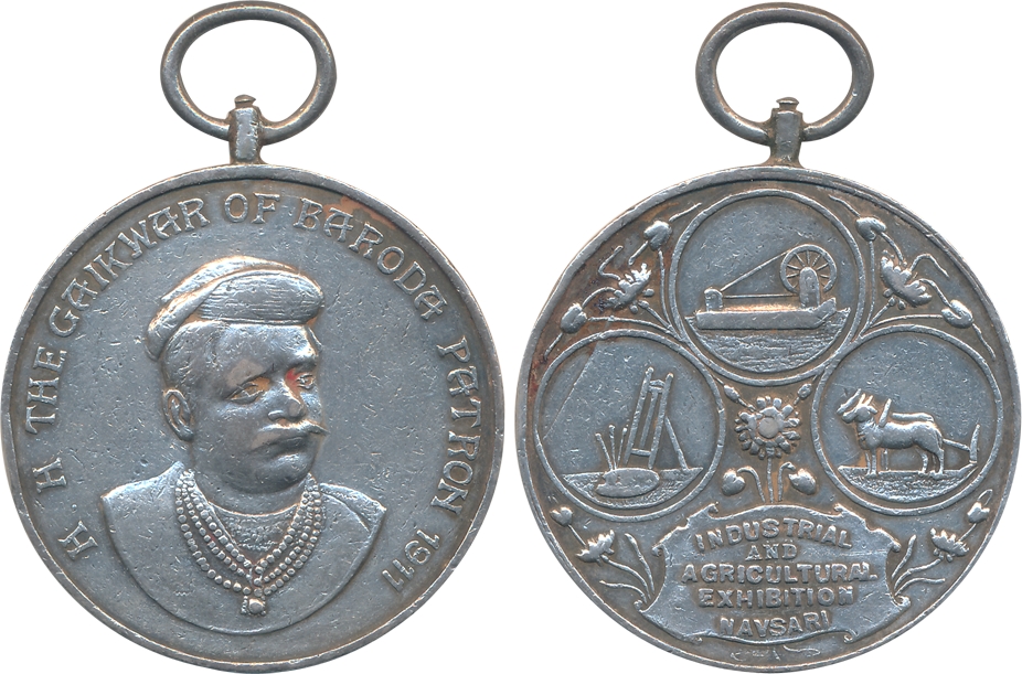 Baroda, Sayaji Rao III, Industrial and Agricultural Exhibition- Navsari Silver Medal, Obv: