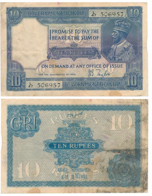 George V, Rupees 10, 2nd issue, Type 7, Signed J. B. Taylor, Prefix L/47 (Jhun# 7.2). Fold