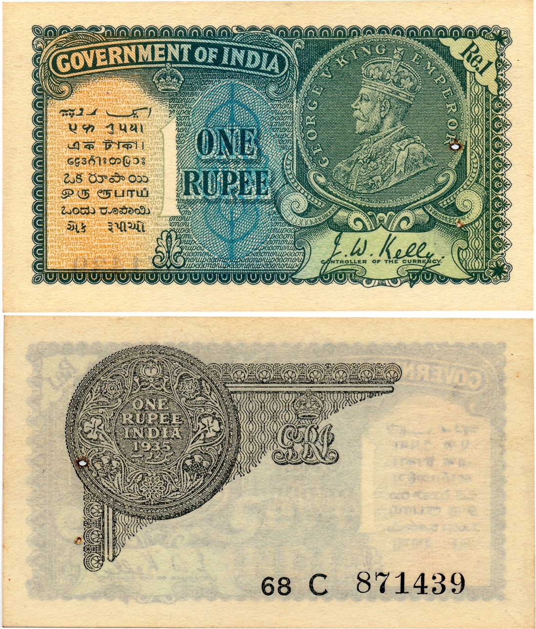 George V, Rupee 1, 2nd issue, Type 2, Signed J W Kelly, Prefix 68C (Jhun# 2.1C). Usual pin