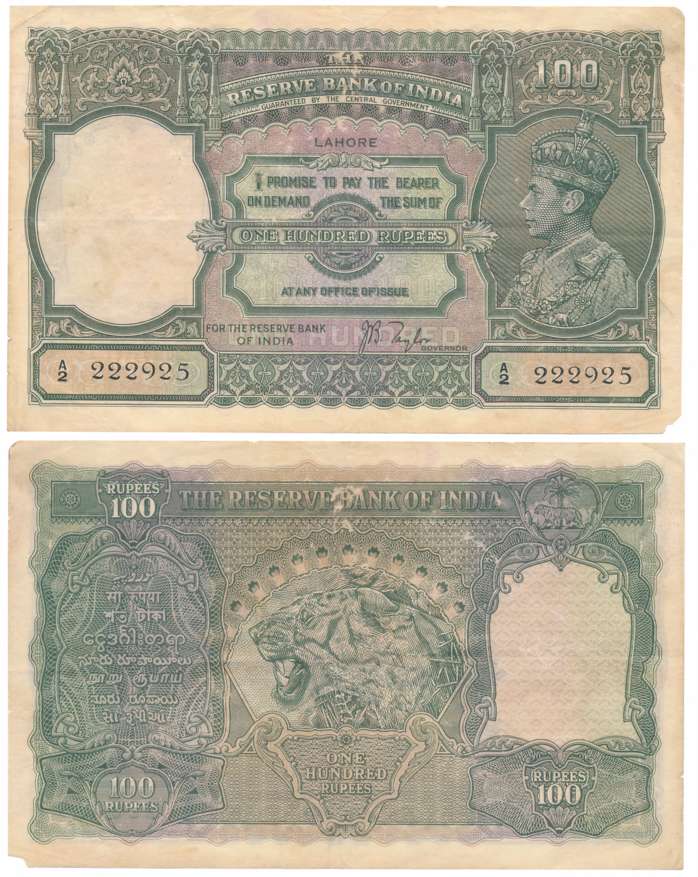George VI, Rupees 100, Type 7, Lahore circle, Signed J. B. Taylor, Prefix A/2 (Jhun# 7.1E)