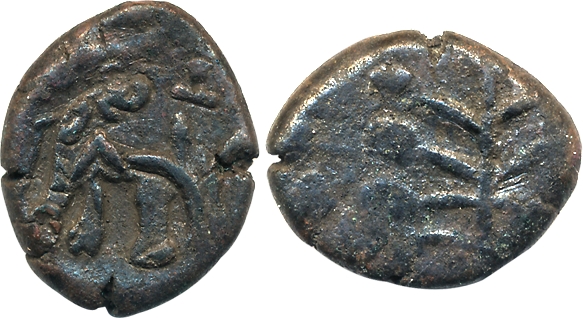 Western Kshatrapas, Nahapana, Copper, 5.33g, Overstruck on Satakarni’s coin, Obv: Thunderb