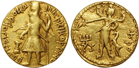 Kushan, Kanishka, Gold Dinar, 7.81g, Obv: King standing wearing boots and tunic, with jave