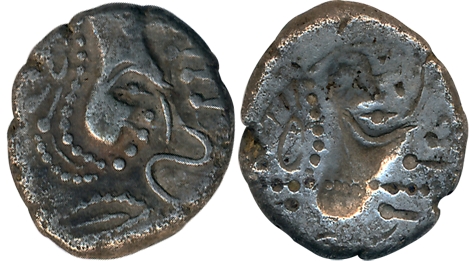 Silver Gadhiya, 3.96g, Brockage Lakhi of obverse image. Very fine, rare.