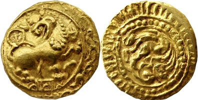 Kadambas of Hangal, Toyimadeva, Gold Gadyan, 4.19g, Obv: Lion with head reverted, foreleg 