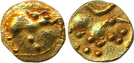 Chalukya of Badami, Gold Fanam, 0.42g, Obv: Boar to right, Rev: Lion to right, crescent ab