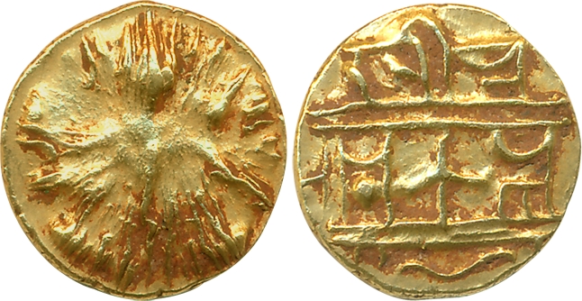 Vijaynagar Empire, Krishnadevaraya, Gold 1/2 Varaha, 1.70g, Obv: Lord Bala Krishna seated 
