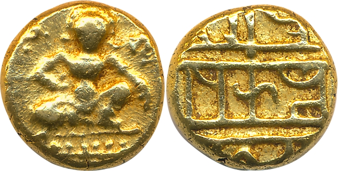 Vijaynagar Empire, Krishnadevaraya, Gold Varaha, 3.40g, Obv: Lord Bala Krishna seated faci