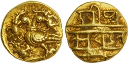 Vijaynagar Empire, Achyutadevaraya, Gold 1/2 Varaha, 1.69g, “Gandabherunda” type Obv: Two 
