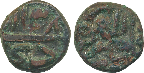 Akbar, Copper Damri, 2.54g, Lahore Mint, Ilahi Month Di, Year 38 (KM#11.3). Very fine.