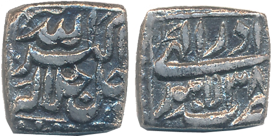 Akbar, Silver Square 1/4 Rupee, 2.60g, "Jalalahu" type, Lahore Mint, Ilahi Month Azar, Yea