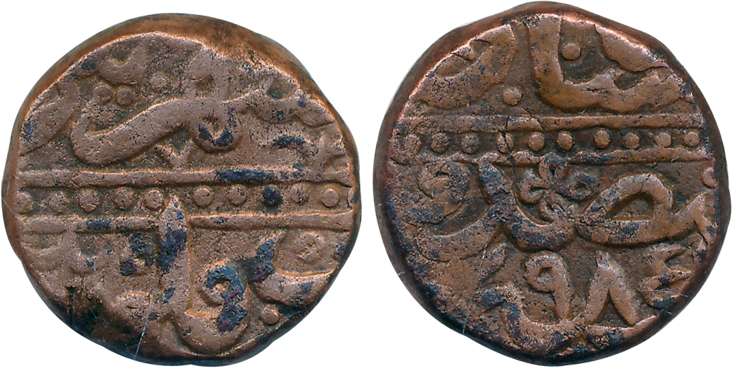 Akbar, Copper Dam, 20.32g, Sahar Patan Mint, AH 985 (KM# A32.21). Very fine+, extremely ra