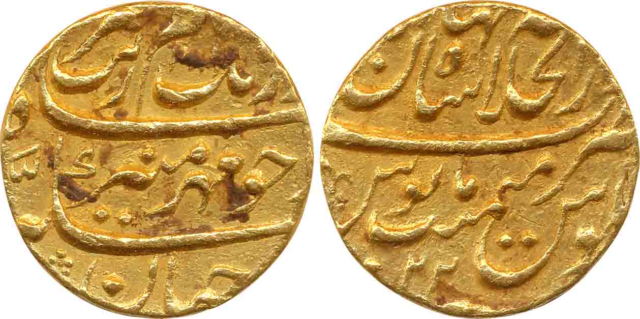 Aurangzeb, Gold Mohur, 10.91g, Dar ul Khilafat Shahjahanabad Mint, AH 1089/ RY 22 (KM# 315