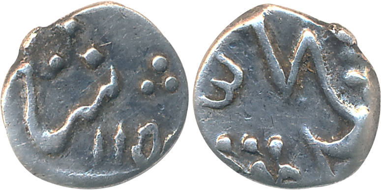 Muhammad Shah, Silver 1/32 Rupee, 0.37g, Khujista Bunyad Mint, AH 115X (KM# A431). Very fi