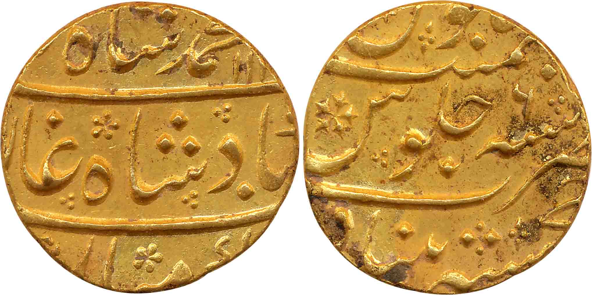 Muhammad Shah, Gold Mohur, 10.98g, Khujista Bunyad Mint, AH 11XX/ RY 6 (KM# 438.13). Very 