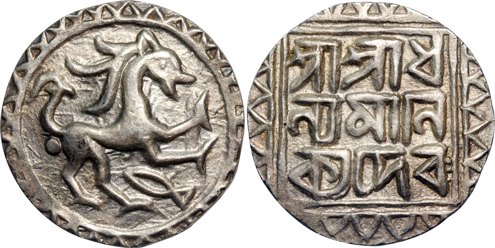 Dhanya Manikya, Silver Tanka, 10.64g, Obv: Lion to right, fish symbol below and a big dot 