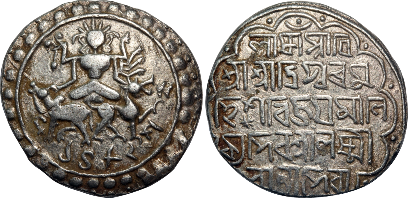 Vijaya Manikya, Silver Tanka, 10.57g, SE 1482, Obv: Figure of Ardhanarishvara, composed of
