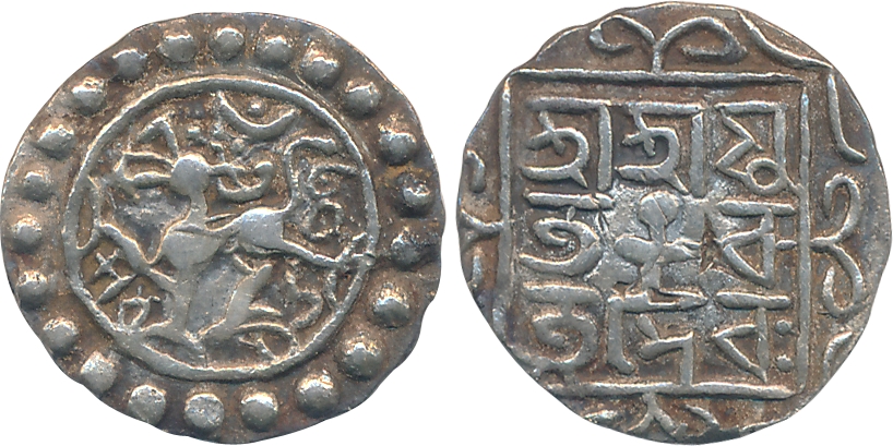 Ratna Manikya II, Silver 1/4 Tanka, 2.62g, SE 1607, Obv: Lion to left, date Sake 1607 belo