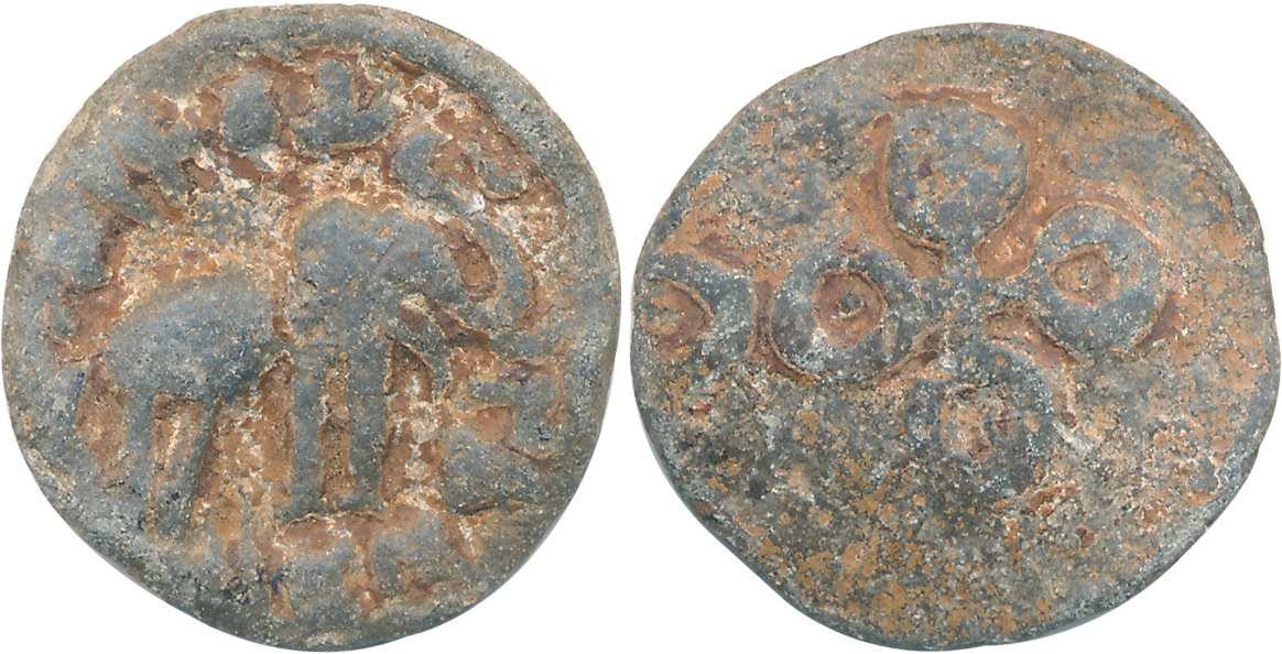 Satavahanas, Lead, 9.54g, Obv: Elephant walking to right with trunk upraised Brahmi legend