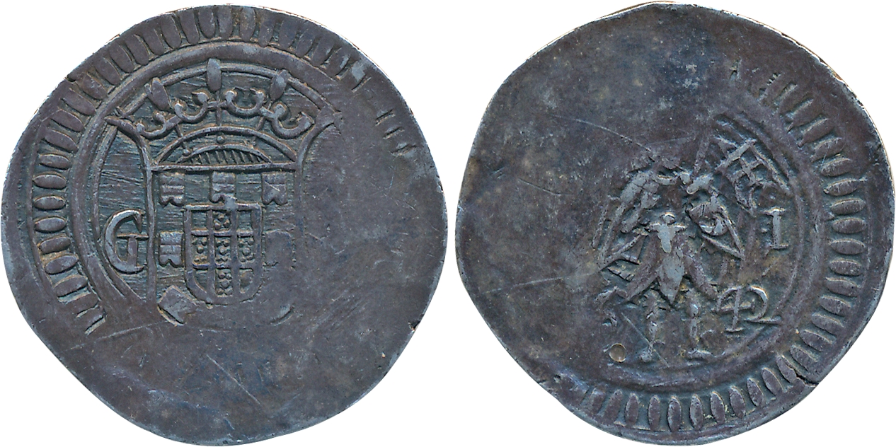 Goa, D. Joao IV, Silver Xerafim, 11.01g, 1642, Obv: Crowned arms divides "GA", Rev: Standi