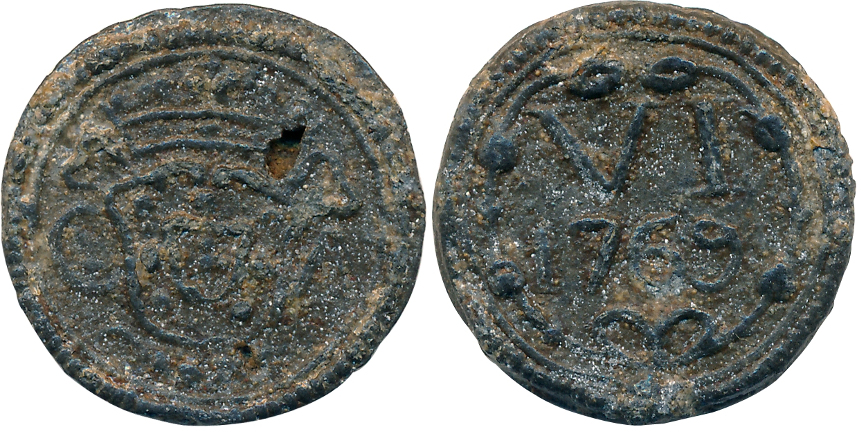Goa, D Jose I, Tin, 6 Reis, 8.56g, 1769, Obv: Crowned arms divided "GA", Rev: Value, date 