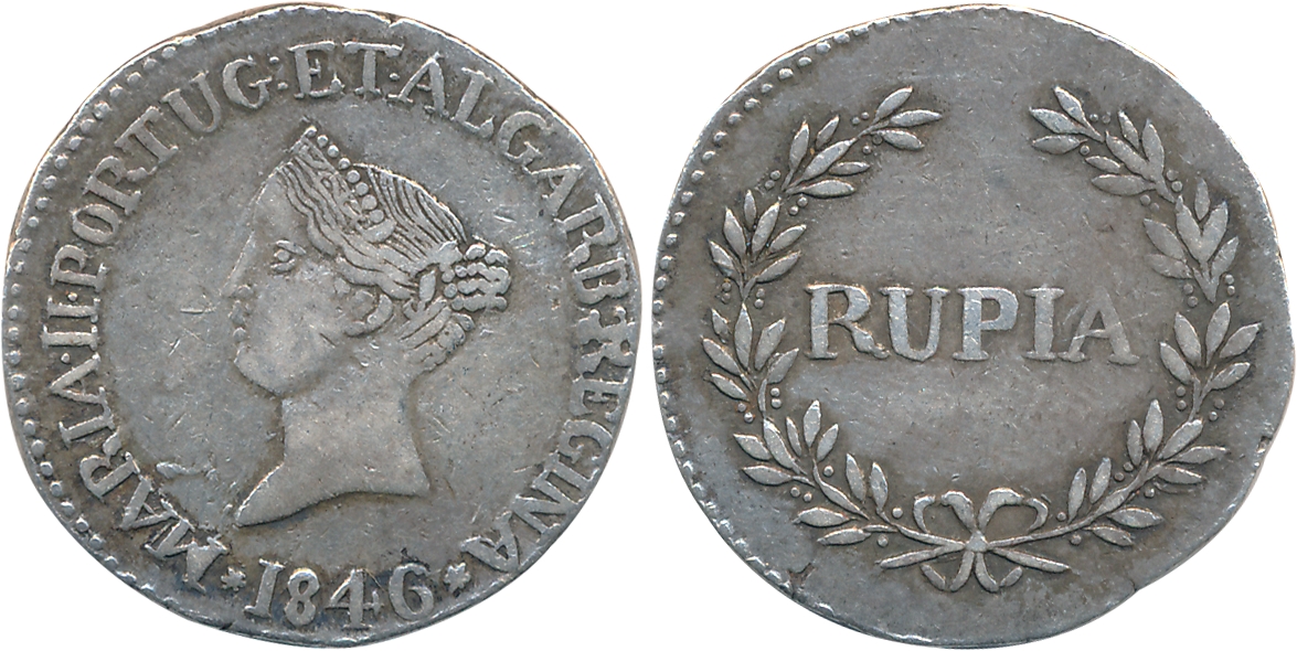 Goa, Maria II, Silver, Rupia, 10.91g, 1846, Obv: Bust to left, date below, Rev: Value with