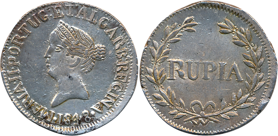Goa, Maria II, Silver, Rupia, 11.00g, 1848, Obv: Bust to left, date below, Rev: Value with