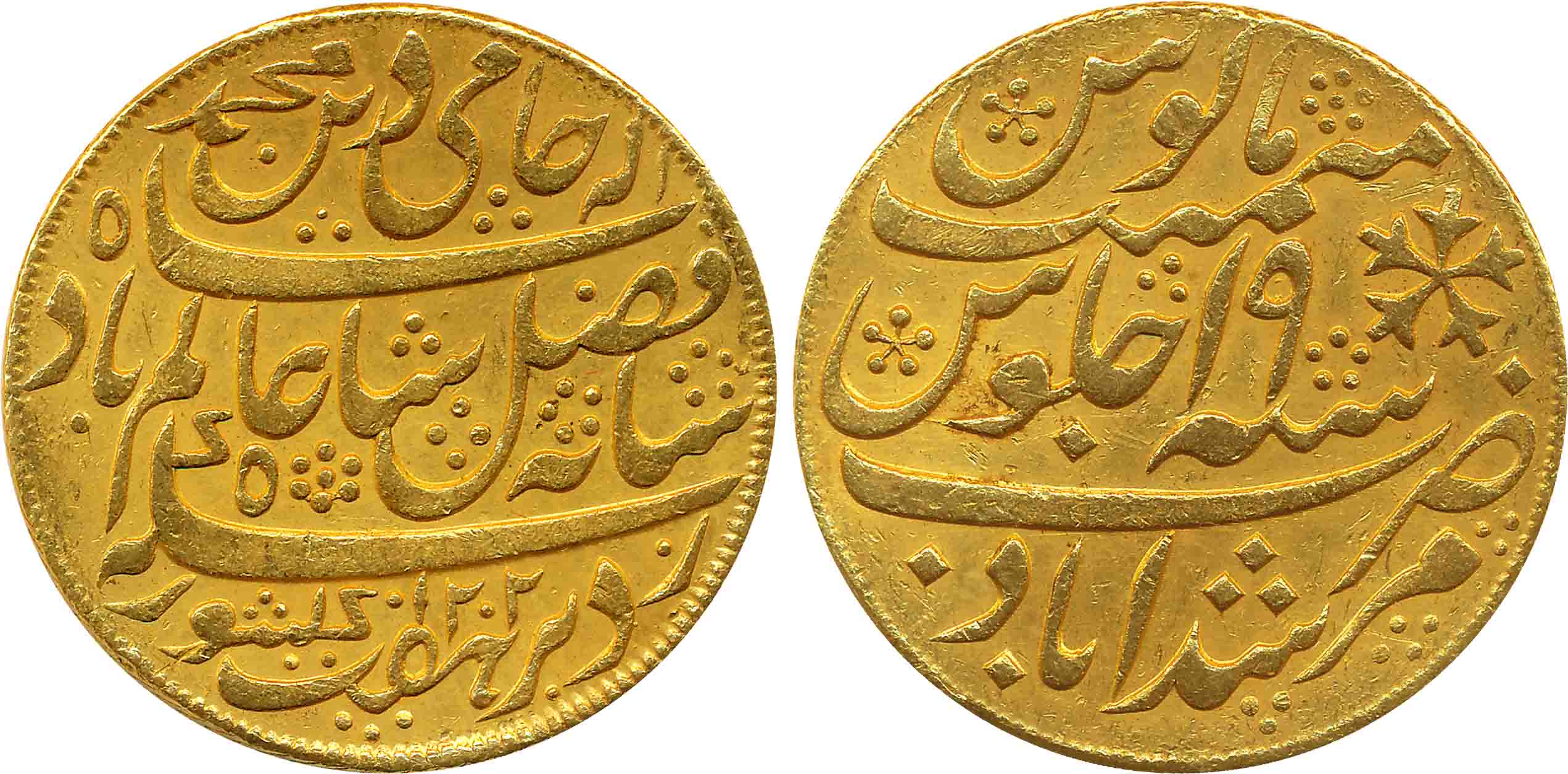 Murshidabad, Gold Mohur, 12.34g, oblique milling, in the name of Shah Alam II, AH 1202/ RY