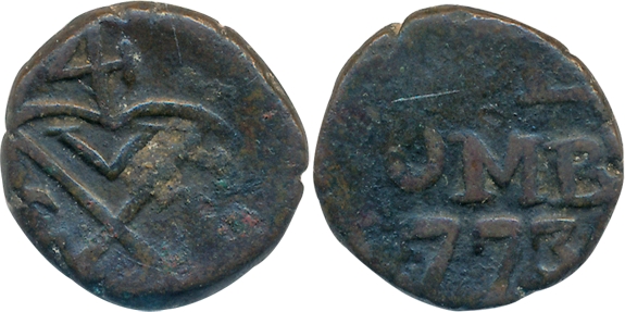 Copper Pice, 4.84g, 1773, Obv: U.E.I.Co in bale mark, Rev: Legend & date below (KM# 188). 